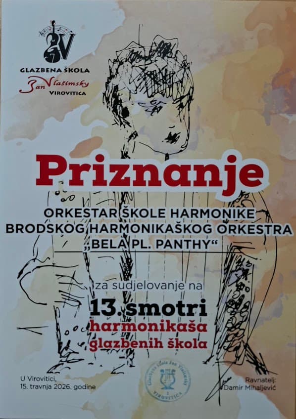 Orkestar Škole harmonike Brodskog harmonikaškog orkestra „Bela pl. Panthy” sudjelovao na 13. međužupanijskoj smotri harmonikaša glazbenih škola u Virovitici